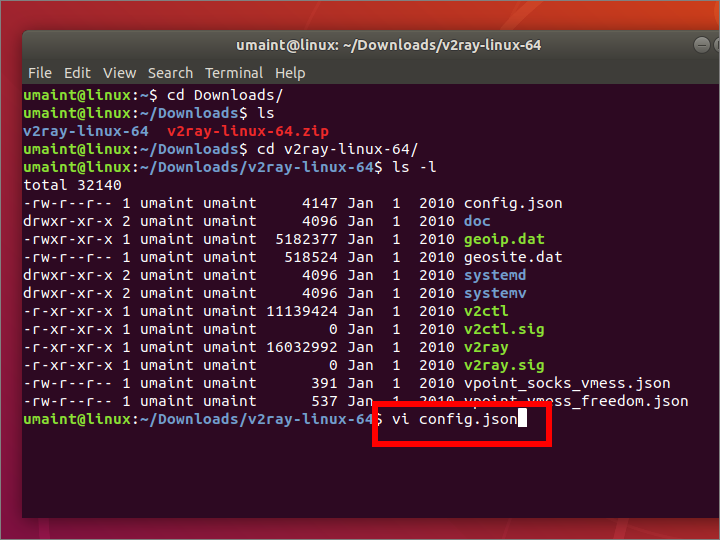 v2Ray edit configuration json file in vi editor